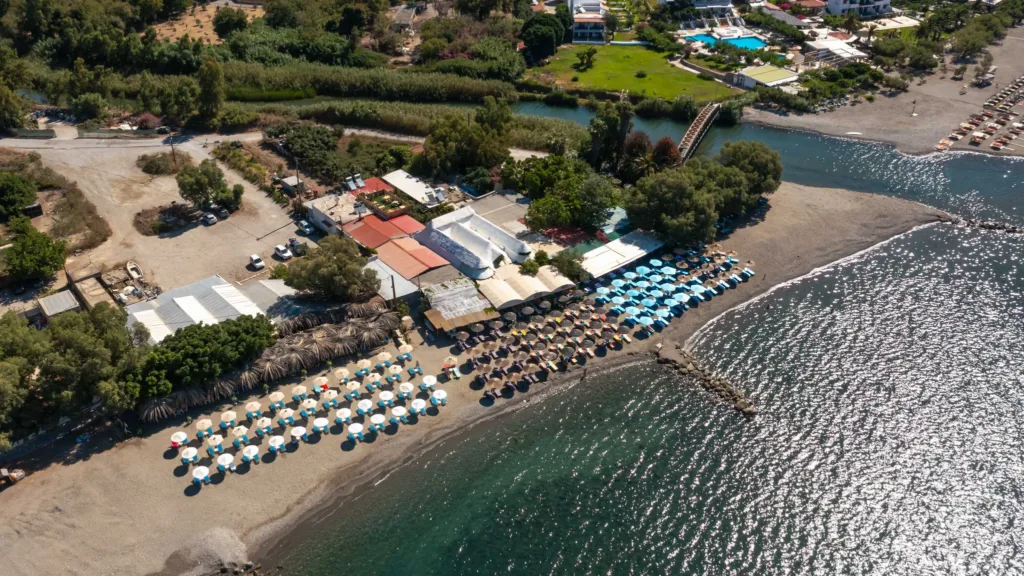Aerial view of Lava Beach Suites beside Agia Galini beach