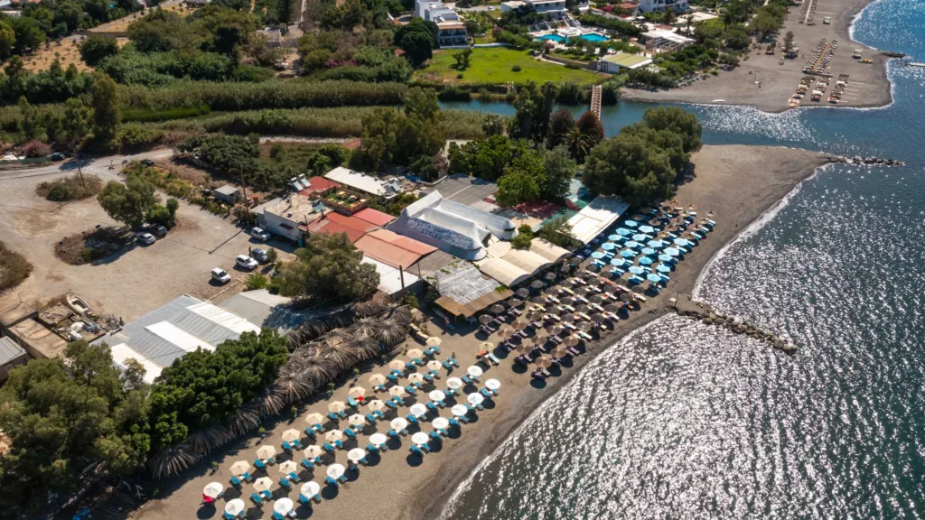Aerial view of Lava Beach Suites beside Agia Galini beach