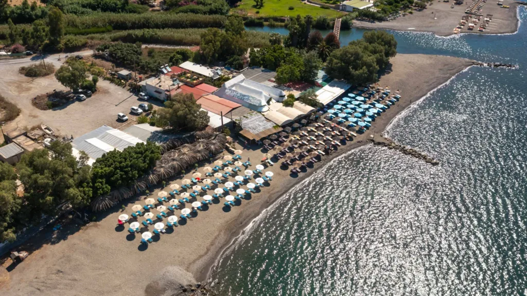 Aerial view of Lava Beach Suites beside Agia Galini beach