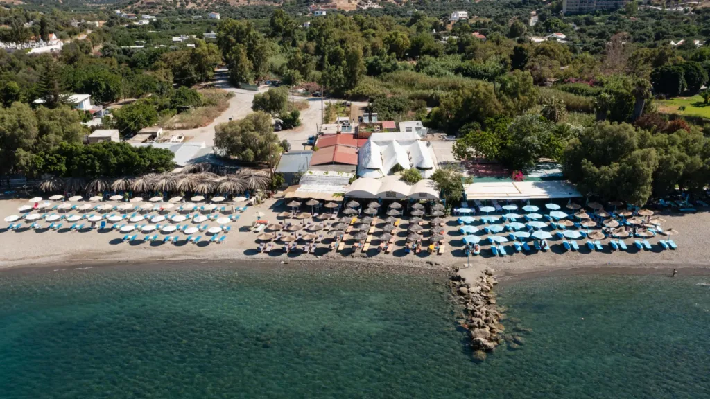 Aerial view of Lava Beach Suites beside Agia Galini beach