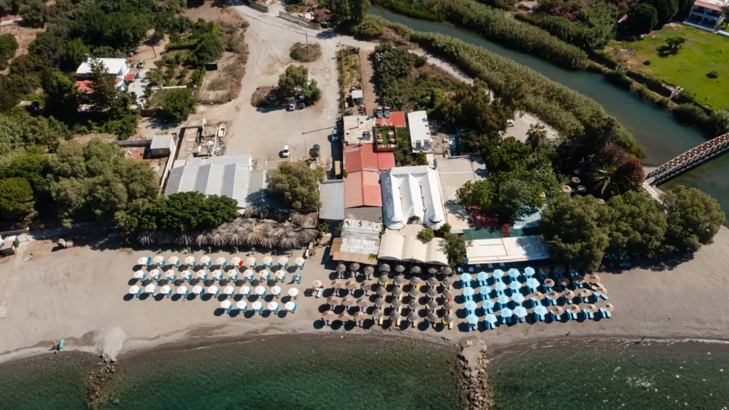 Aerial view of Lava Beach Suites beside Agia Galini beach